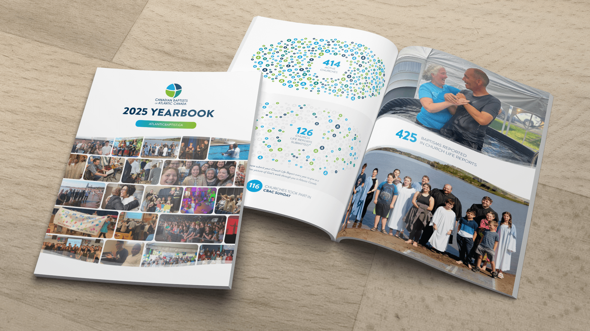 open brochure featuring a picture of a group of people