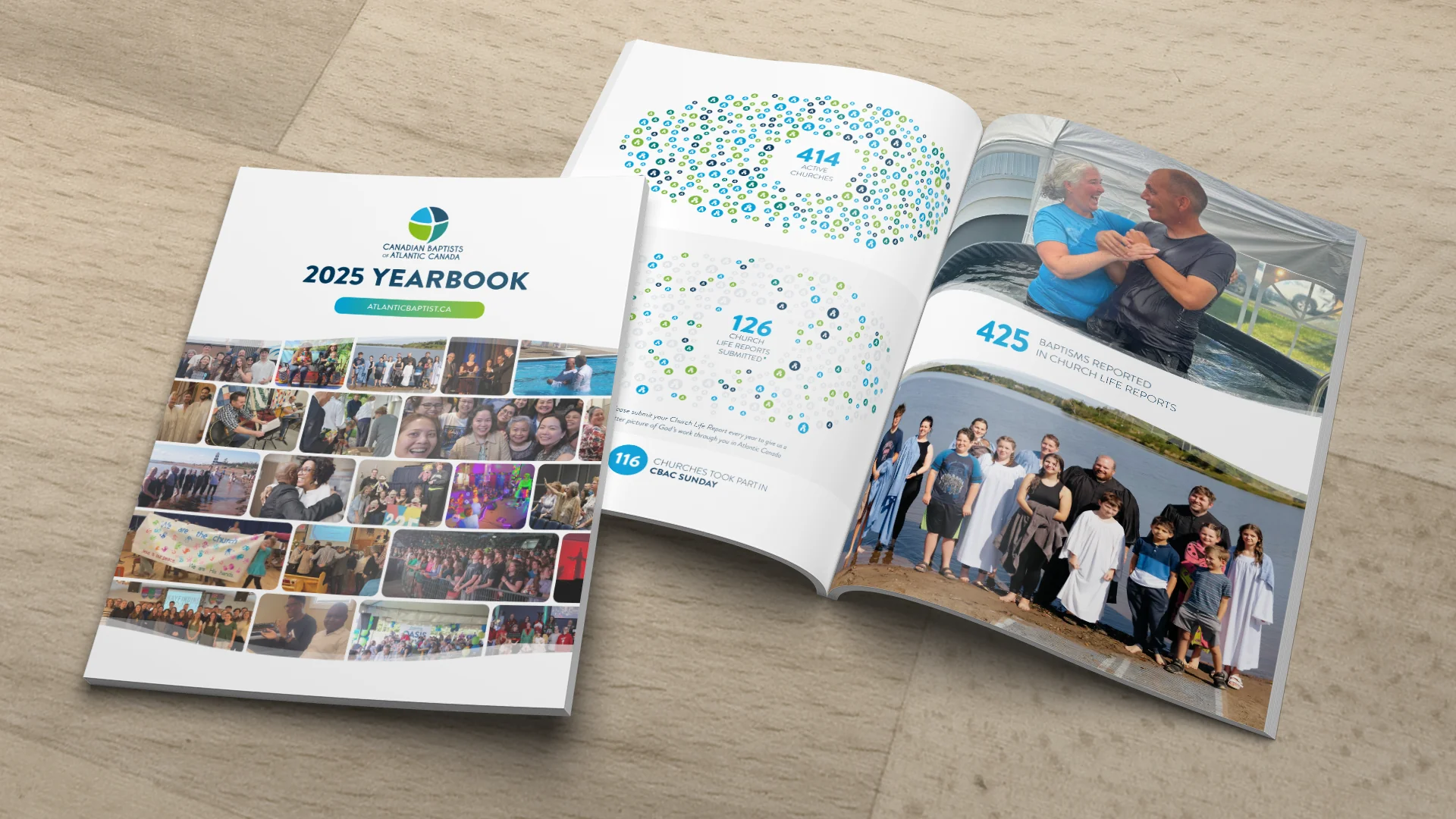 open brochure featuring a picture of a group of people