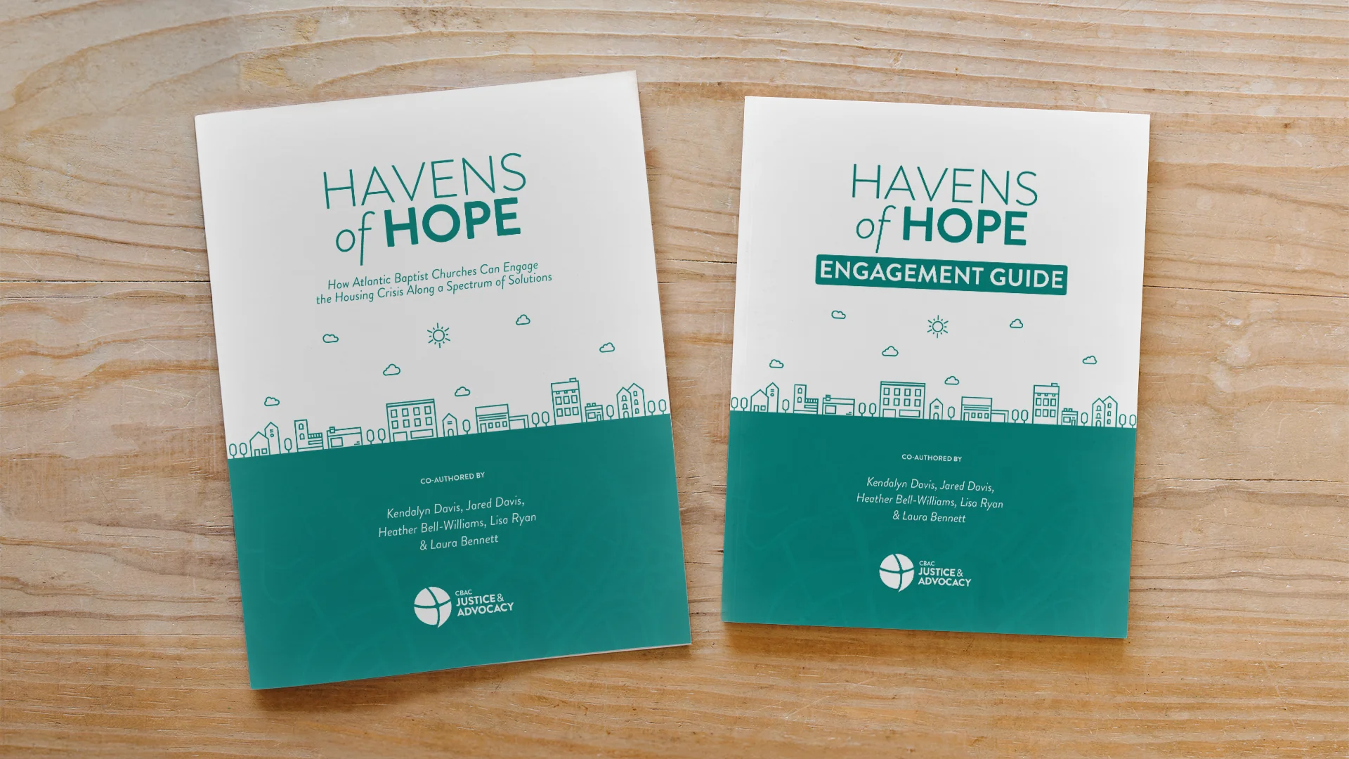 Havens of Hope Mockup wo pamphlets sitting on top of a wooden table