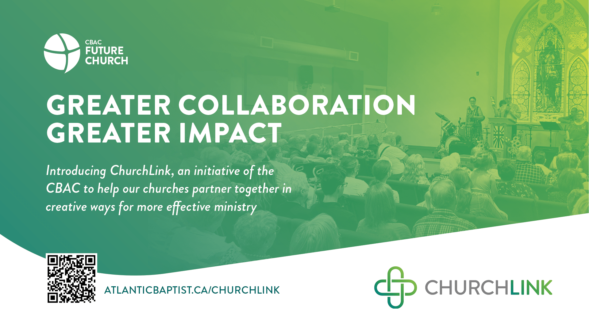 green and white flyer featuring a picture of a church